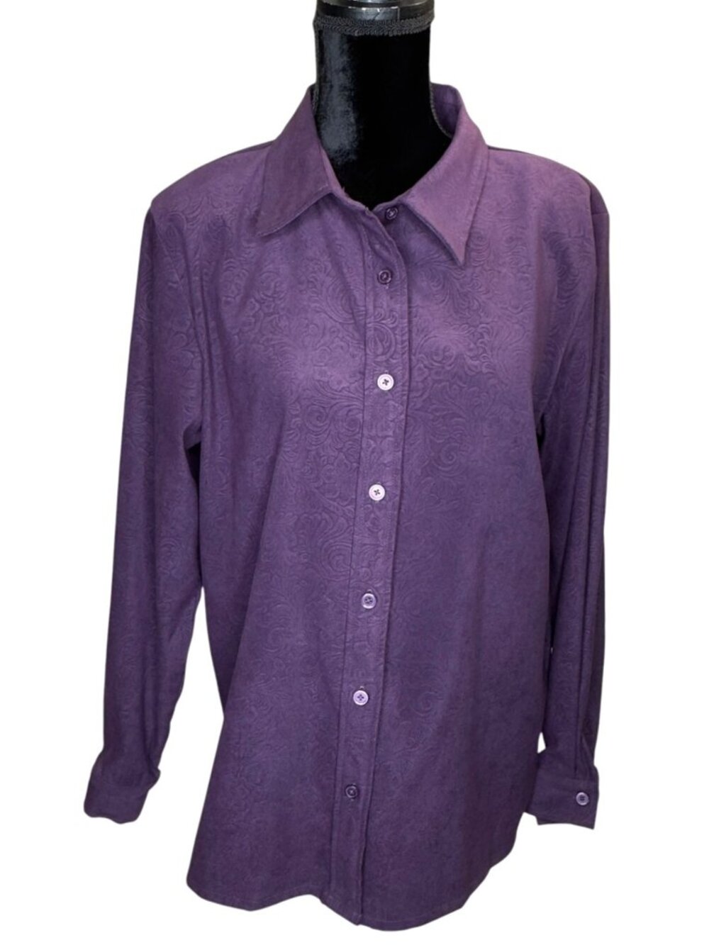 Denim & Co Purple Long Sleeve Button-Up Shirt Medium Floral Texture